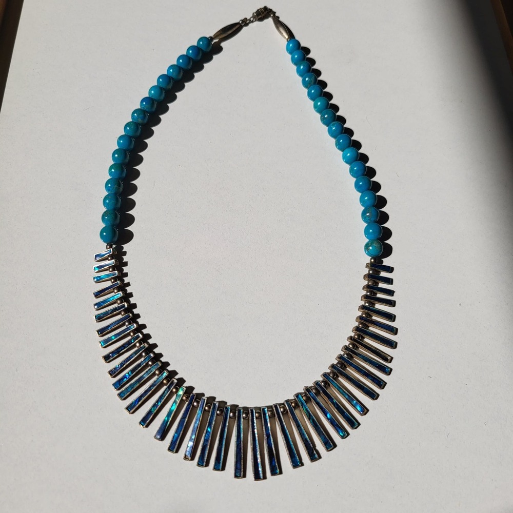vintage Artisan Statement Turquoise Abalone Inlay Bib Necklace Blue Southwest - Picture 5 of 11